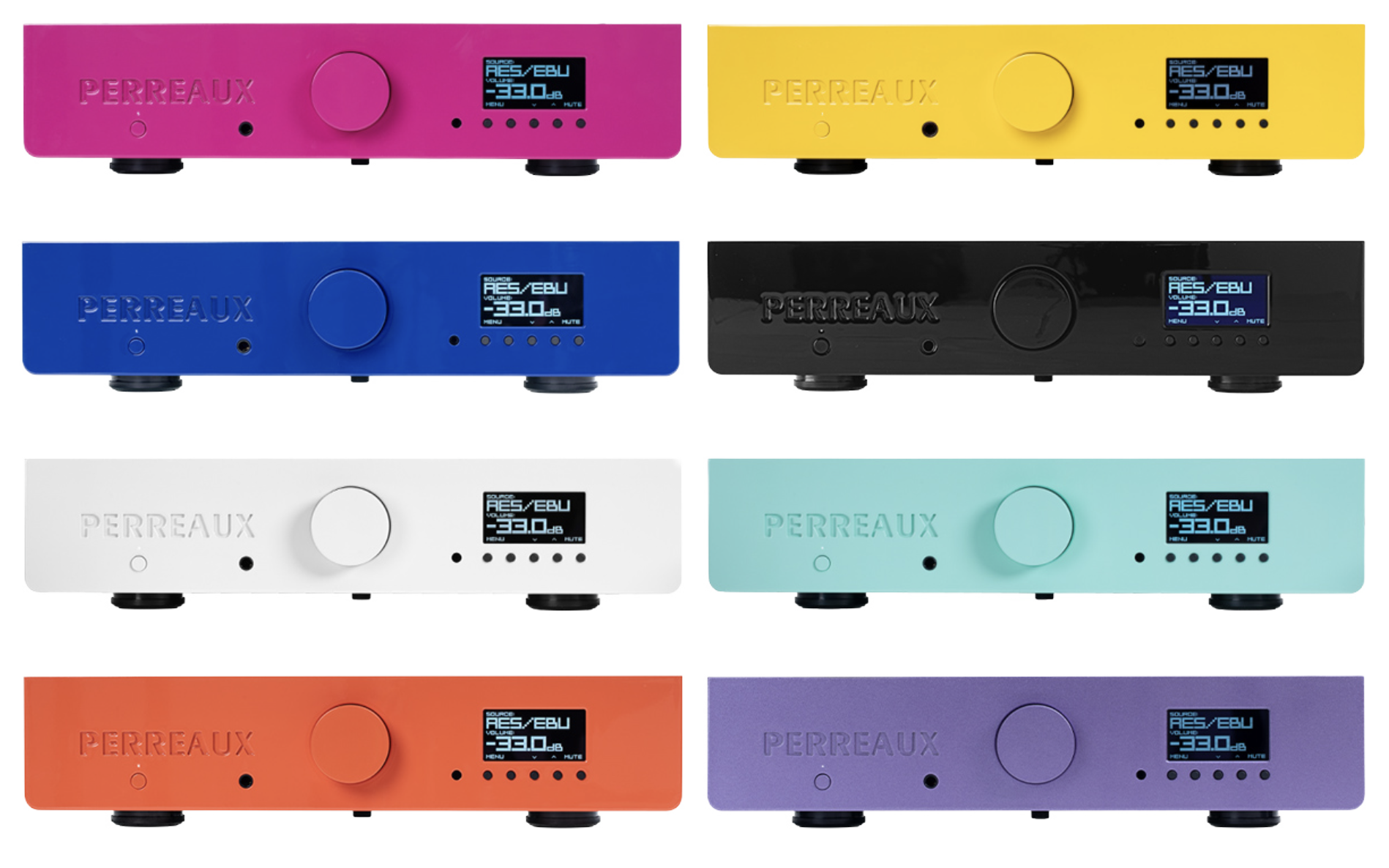 Perreaux 200 iX in 8 verschiedenen Lackierungen: Pink, Gelb, Blau, Schwarz, Weiß, Mint, Orange und Lila