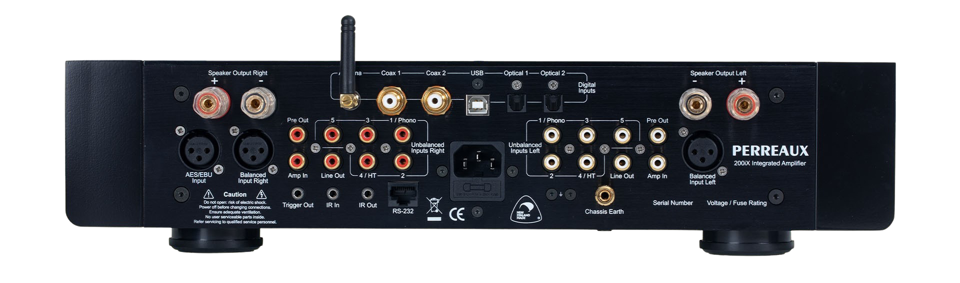 Rückseite des Perreaux 200 iX: vollständige Anschlussübersicht mit XLR, RCA, AES/EBU, USB, Optisch, Koaxial, Lautsprecherklemmen und mehr