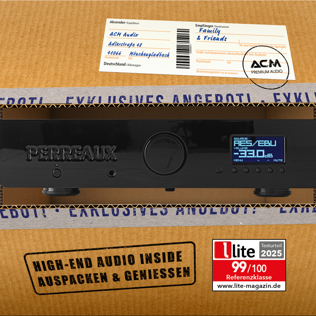 Perreaux 200 iX Testpaket – Versandkarton mit Paketaufkleber von ACM Audio und Lite-Magazin Testurteil 99/100 Referenzklasse 2025